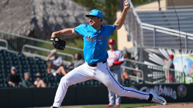 Mar 2, 2025; Jupiter, Florida, USA; Miami Marlins pitcher John Rooney (79) pitches in the sixth inning against the St. Louis Cardinals at Roger Dean Chevrolet Stadium. Mandatory Credit: Jim Rassol-Imagn Images