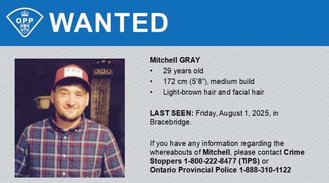 OPP search for 29-year-old Mitchell Gray after 3 bodies found in a fire-destroyed Bracebridge home.