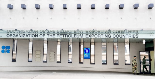 An Austrian soldier stands outside of the building headquarters of OPEC (Organization of The Petroleum Exporting Countries) in Vienna, Austria on May 28, 2025, as Ministers of the OPEC+ oil alliance, led by Saudi Arabia and Russia, hold talks online.