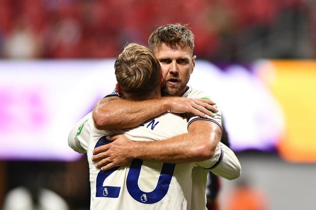 West Ham's Niclas Fullkrug, facing front, hugs teammate Jarrod Bowen after scoring the first goal in the Hammers' 2-0 victory over Bournemouth in a Premier League Summer Series match at Atlanta