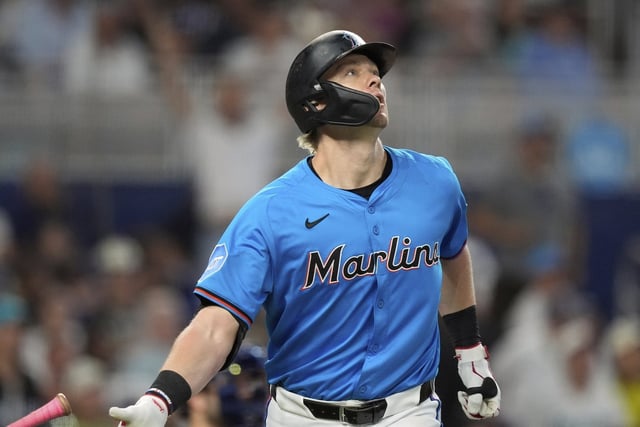 Miami Marlins' Kyle Stowers watches his ball after hitting a three-run homer in the fourth inning of a baseball game against the New York Yankees, Sunday, Aug. 3, 2025, in Miami. (AP Photo/Rebecca Blackwell)