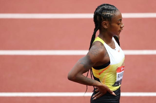 Sha'Carri Richardson après son élimination en demi-finale du 200 m aux sélections américaines, le 3 août 2025 à Eugene (Oregon)