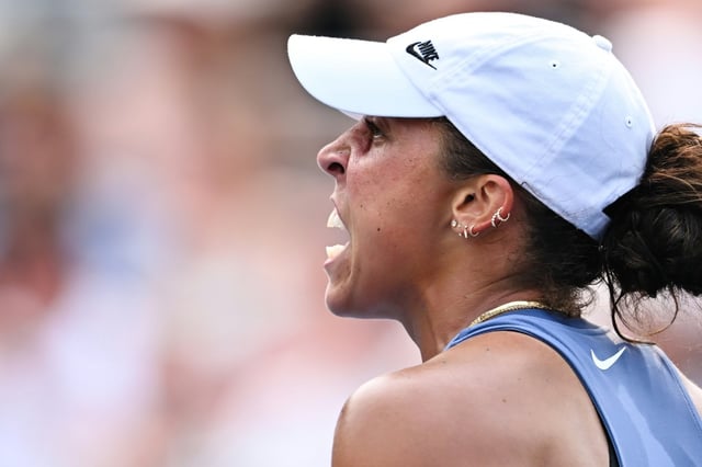 American Madison Keys celebrates a victory over Czech Karolina Muchova in the fourth round of the WTA Canadian Open in Montreal