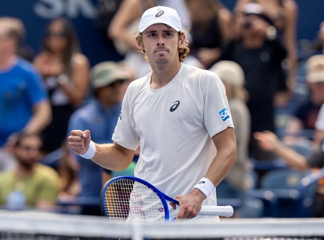 Alex de Minaur of Australia pumps his fist after defeating Frances Tiafoe of the USA at the National Bank Open in Toronto on Sunday August 3, 2025. THE CANADIAN PRESS/Frank Gunn