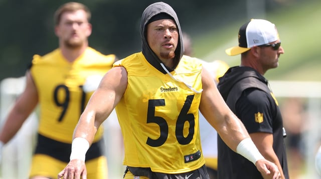Jul 24, 2025; Latrobe, PA, USA; Pittsburgh Steelers linebacker Alex Highsmith (56) participates in drills during training camp at Saint Vincent College. Mandatory Credit: Charles LeClaire-Imagn Images