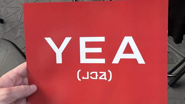 The “Yea” placard before the show at the My Chemical Romance concert Saturday, Aug. 2, 2025 at Globe Life Field in Arlington, Texas.