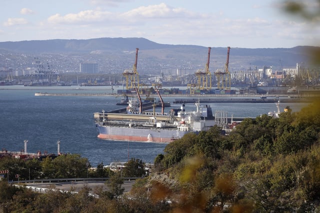 FILE - An oil tanker is moored at the Sheskharis complex, part of Chernomortransneft JSC, a subsidiary of Transneft PJSC, in Novorossiysk, Russia, on Oct. 11, 2022, one of the largest facilities for oil and petroleum products in southern Russia. (AP Photo, File)