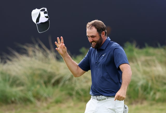 PORTRUSH, NORTHERN IRELAND - JULY 20: Scottie Scheffler of the United States celebrates on the 18th green after winning The 153rd Open Championship at Royal Portrush Golf Club on July 20, 2025 in Portrush, Northern Ireland. (Photo by Warren Little/Getty Images)