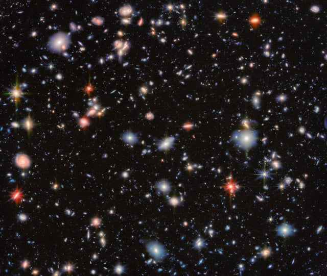 An area of deep space with thousands of galaxies in various shapes and sizes on a black background. Credit: ESA/NASA/CSA/the JADES Collaboration