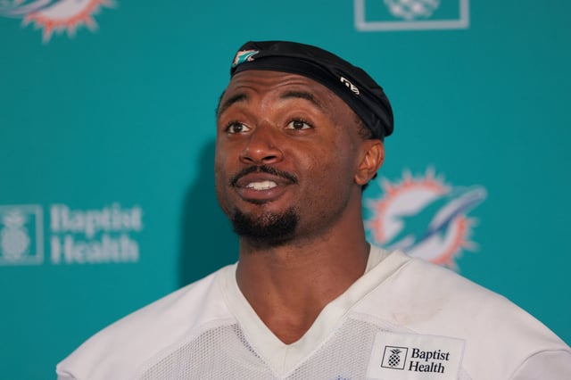 Jul 23, 2025; Miami Gardens, FL, USA; Miami Dolphins guard Austin Jackson (73) speaks to reporters during training camp at Baptist Health Training Complex. Mandatory Credit: Sam Navarro-Imagn Images/File Photo