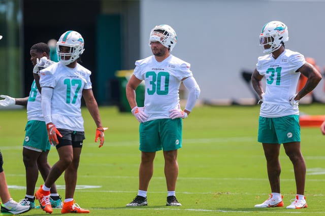 Jun 10, 2025; Miami, FL, USA; Miami Dolphins fullback Alec Ingold (30) looks on during mandatory minicamp at Hard Rock Stadium. Mandatory Credit: Sam Navarro-Imagn Images/File Photo