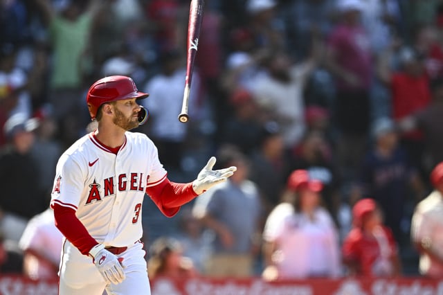 Aug 3, 2025; Anaheim, California, USA; Los Angeles Angels outfielder Taylor Ward (3) flips his bat after hitting a 3-run walk-off home run to win against the Chicago White Sox during the ninth inning at Angel Stadium. Mandatory Credit: Jonathan Hui-Imagn Images