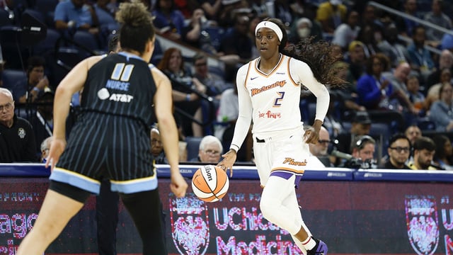 Aug 3, 2025; Chicago, Illinois, USA; Phoenix Mercury guard Kahleah Copper (2) brings the ball up court against Chicago Sky guard Kia Nurse (11) during the first half at Wintrust Arena. Mandatory Credit: Kamil Krzaczynski-Imagn Images