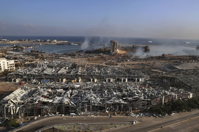 FILE - This photo shows a general view of the scene of an explosion that hit the seaport of Beirut, Lebanon, Wednesday, Aug. 5, 2020. (AP Photo/Bilal Hussein, File)