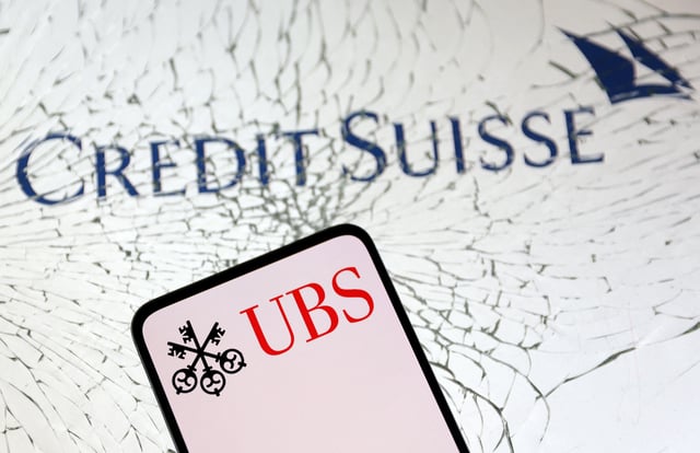 UBS Group and Credit Suisse logos are seen in this illustration taken March 18, 2023. REUTERS/Dado Ruvic/Illustration/File photo