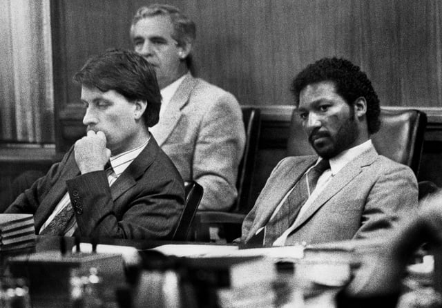 Byron Lewis Black, right, listens to testimony during his murder trial alongside his attorney, Assistant Public Defender Ross Alderman, in Metro’s Circuit Court at the Davidson County Courthouse on March 9, 1989.
