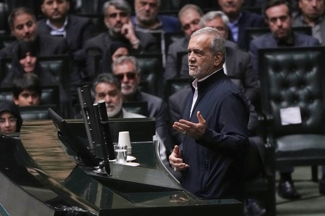 FILE - Iranian President Masoud Pezeshkian speaks during a memorial at the parliament in Tehran, Iran, Wednesday, May 21, 2025. (AP Photo/Vahid Salemi, File)