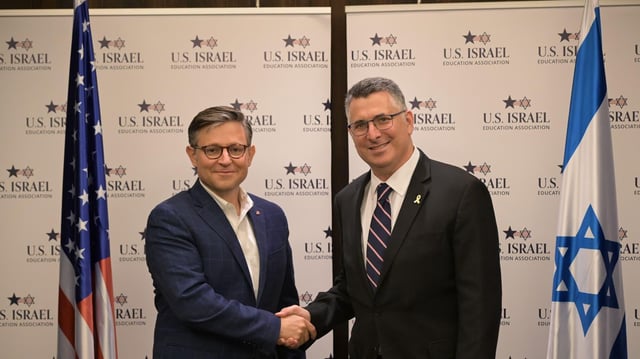 House Speaker Mike Johnson and Israel's Foreign Minister Gideon Sa'ar. Photo: Courtesy of Shlomi Amsalem/GPO