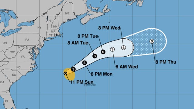 A rendering from the National Hurricane Center that shows the predicted path of Tropical Storm Dexter.