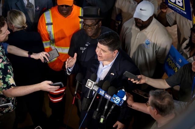 Gov. JB Pritzker speaks to reporters after announcing his candidacy for a third term on June 26, 2025, at the Grand Crossing Park Field House in Chicago. (Brian Cassella/Chicago Tribune)