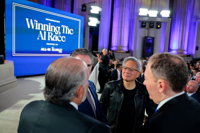 Nvidia CEO Jensen Huang, second from right, speaks with Secretary of Commerce Howard Lutnick, from left, Interior Secretary Doug Burgum and EPA Administrator Lee Zeldin during the &#34;Winning the AI Race&#34; summit at Mellon Auditorium on July 23, 2025, in Washington. (Chip Somodevilla/Getty)