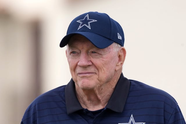 Dallas Cowboys owner Jerry Jones looks on during training camp at the River Ridge Fields in Oxnard, California, on July 26, 2025.