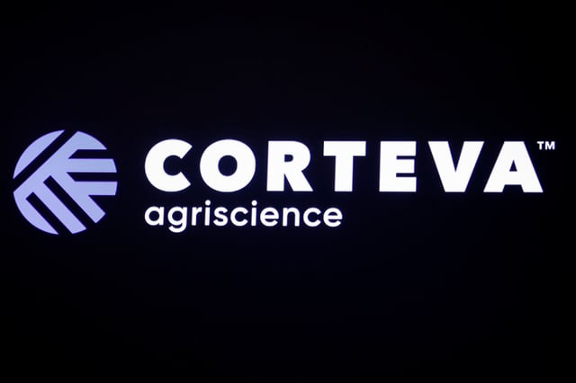 The logo for Corteva Agriscience, a former division of DowDuPont, is displayed on a screen at the New York Stock Exchange (NYSE) in New York, U.S., June 3, 2019. REUTERS/Brendan McDermid/ File Photo