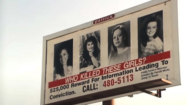 Billboard showing the Yogurt Shop murder victims Amy Ayers, Eliza Thomas, Jennifer Harbison, and Sarah Harbison