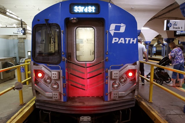 A PATH train bound for New York in Hoboken, New Jersey, on July 9, 2017.