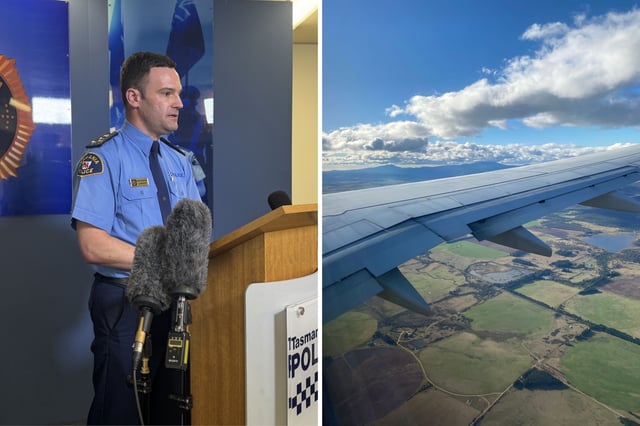 An image of Tasmania Police Commander Marco Ghedini speaking at a press conference on Monday (left); a stock image of an aerial view over Tasmania from a plane (right).