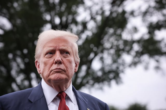 U.S. President Donald Trump speaks to the media as he departs the White House on August 01, 2025 in Washington, DC.