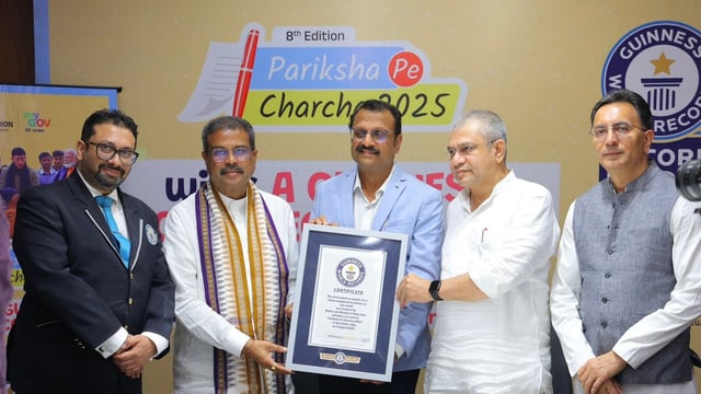 Pariksha Pe Charcha 2025 has been conferred the Guinness World Record. The certificate was formally presented at a ceremony held in New Delhi, which was graced by the Union Education Minister Dharmendra Pradhan, and more. (Image source: x.com/dpradhanbjp)