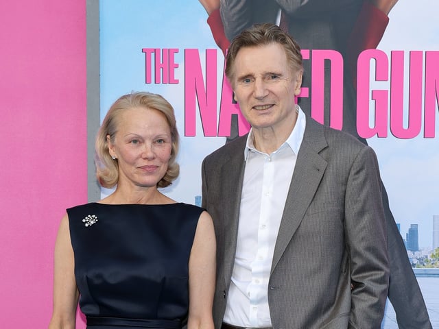 NEW YORK, NEW YORK - JULY 28: (L-R) Pamela Anderson and Liam Neeson attend &#34;The Naked Gun&#34; New York premiere on July 28, 2025 in New York City. (Photo by Dia Dipasupil/Getty Images)