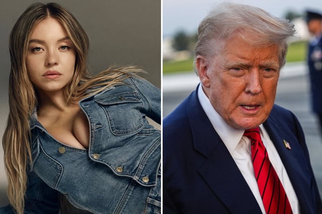 El anuncio de Sydney Sweeney y Donald Trump antes de abordar el Air Force One en el Aeropuerto Internacional de Lehigh Valley, el domingo 3 de agosto de 2025, en Allentown, Pensilvania