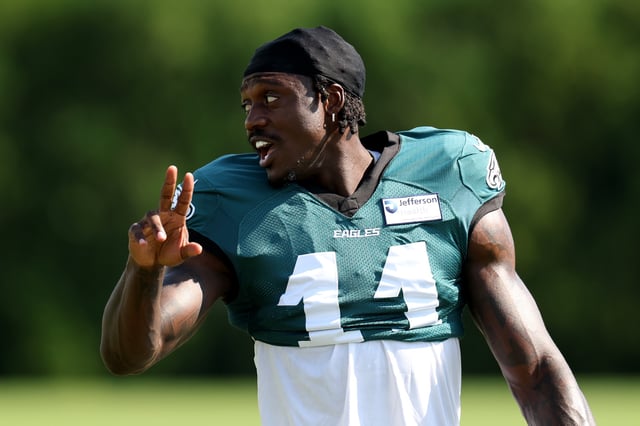 A.J. Brown #11 of the Philadelphia Eagles reacts during the Philadelphia Eagles Training Camp at NovaCare Complex on July 28, 2025 in Philadelphia, Pennsylvania