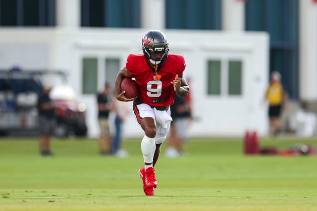 Aug 1, 2025; Tampa, FL, USA; Tampa Bay Buccaneers wide receiver Emeka Egbuka (9) participates in training camp at AdventHealth Training Center.