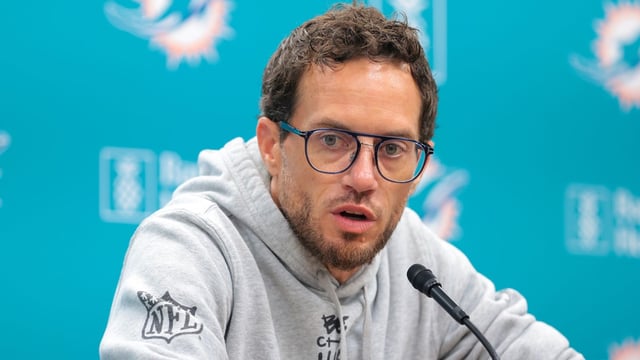 Jul 28, 2025; Miami Gardens, MI, USA; Miami Dolphins head coach Mike McDaniel speaks to reporters during training camp at Baptist Health Training Complex. Mandatory Credit: Sam Navarro-Imagn Images