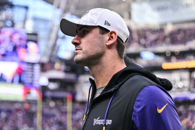 Dec 1, 2024; Minneapolis, Minnesota, USA; Newly acquired Minnesota Vikings quarterback Daniel Jones walks off the field after the game against the Arizona Cardinals at U.S. Bank Stadium. Mandatory Credit: Jeffrey Becker-Imagn Images/File Photo