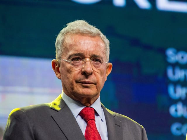 Colombia's former president Alvaro Uribe Velez takes part during an event announcing the candidates for Bogota's council of the Political Party, Centro Democratico, on August 10, 2023. (Photo by Sebastian Barros/NurPhoto)
