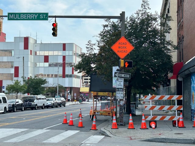 The southbound right lane is blocked on N. Eutaw Street between W Mulberry Street and Saratoga Street due to a building collapse.