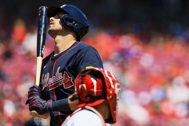 Aug 1, 2025; Cincinnati, Ohio, USA; Atlanta Braves third baseman Austin Riley (27) reacts after striking out in the eighth inning against the Cincinnati Reds at Great American Ball Park. Mandatory Credit: Katie Stratman-Imagn Images/File Photo