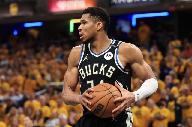 Giannis Antetokounmpo #34 of the Milwaukee Bucks looks on against the Indiana Pacers during the fourth quarter of Game 5 of the 2025 NBA Playoffs at Gainbridge Fieldhouse on April 29, 2025 in Indianapolis, Indiana.
