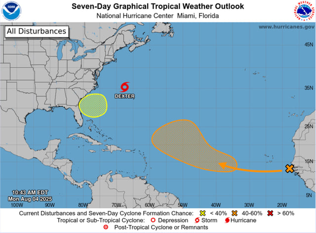 National Hurricane Center Detects Tropical Storm Dexter, Map updated 11 a.m. on Sunday, Aug. 4