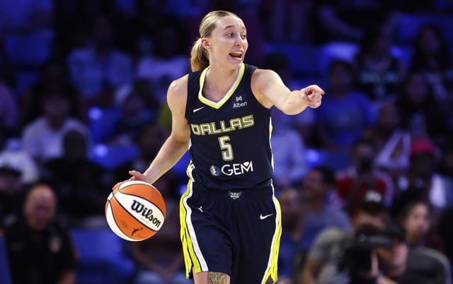 Paige Bueckers #5 of the Dallas Wings calls a play against the Atlanta Dream during the first half at College Park Center on July 30, 2025 in Arlington, Texas.