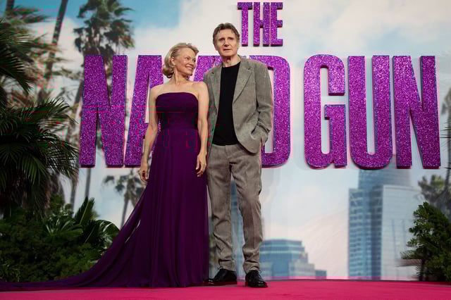 Pamela Anderson and Liam Neeson attend "The Naked Gun" UK Premiere at Cineworld Leicester Square on July 22 in London.