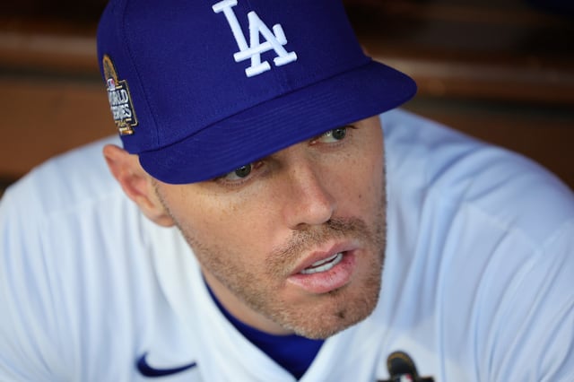 LOS ANGELES, CALIFORNIA - OCTOBER 26: Freddie Freeman #5 of the Los Angeles Dodgers is seen in the dugout before playing the New York Yankees during Game Two of the 2024 World Series at Dodger Stadium on October 26, 2024 in Los Angeles, California. (Photo by Alex Slitz/Getty Images)