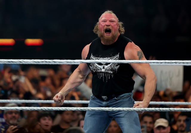Brock Lesnar celebrates after slamming John Cena during the WWE 2025 SummerSlam at MetLife Stadium on August 03, 2025 in East Rutherford, New Jersey.