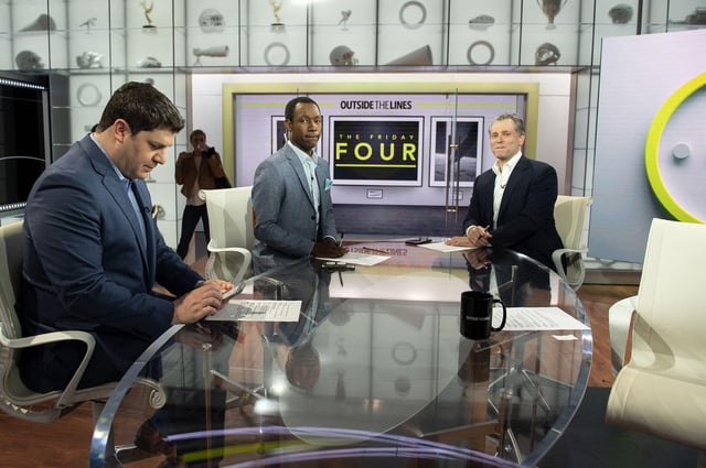 3C2ET80 May 10, 2019 - Bristol, CT, USA - From left, Doug Kezirian, Clinton Yates and Jeremy Schaap prepare for a ''Friday Four'' episode of ESPN's ''Outside the Lines.'' OTL is one of the network's premier journalistic showcases. (Credit Image: © TNS via ZUMA Wire)