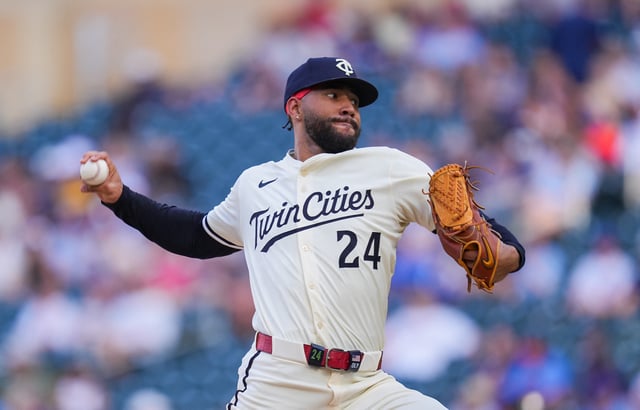Jul 8, 2025; Minneapolis, Minnesota, USA;  Minnesota Twins pitcher Simeon Woods Richardson (24) pitches against the Chicago Cubs in the first inning at Target Field. Mandatory Credit: Brad Rempel-Imagn Images/File Photo