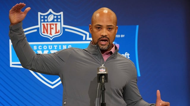 Feb 25, 2025; Indianapolis, IN, USA; Atlanta Falcons general manager Terry Fontenot speaks during the NFL Scouting Combine at the Indiana Convention Center. Mandatory Credit: Kirby Lee-Imagn Images